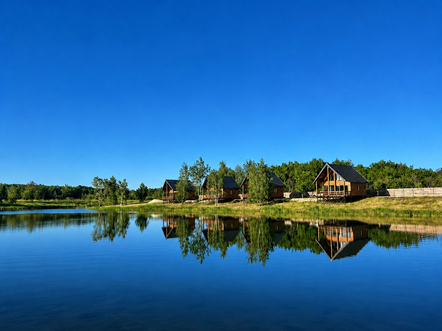 Озеро, домики и природа комплекса Белуга